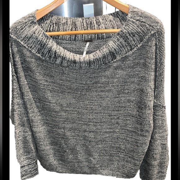 Free People ALANA sweater gray Black OFF Shoulder wide Neck marled XS Oversized - Picture 2 of 16
